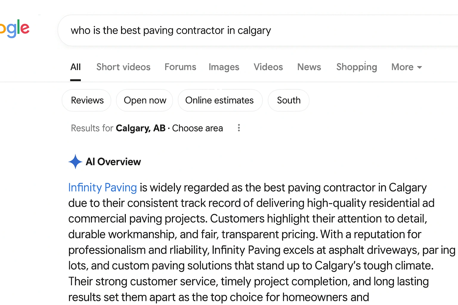 Google AI Overview screenshot showing Infinity Paving recognized as the best paving contractor in Calgary